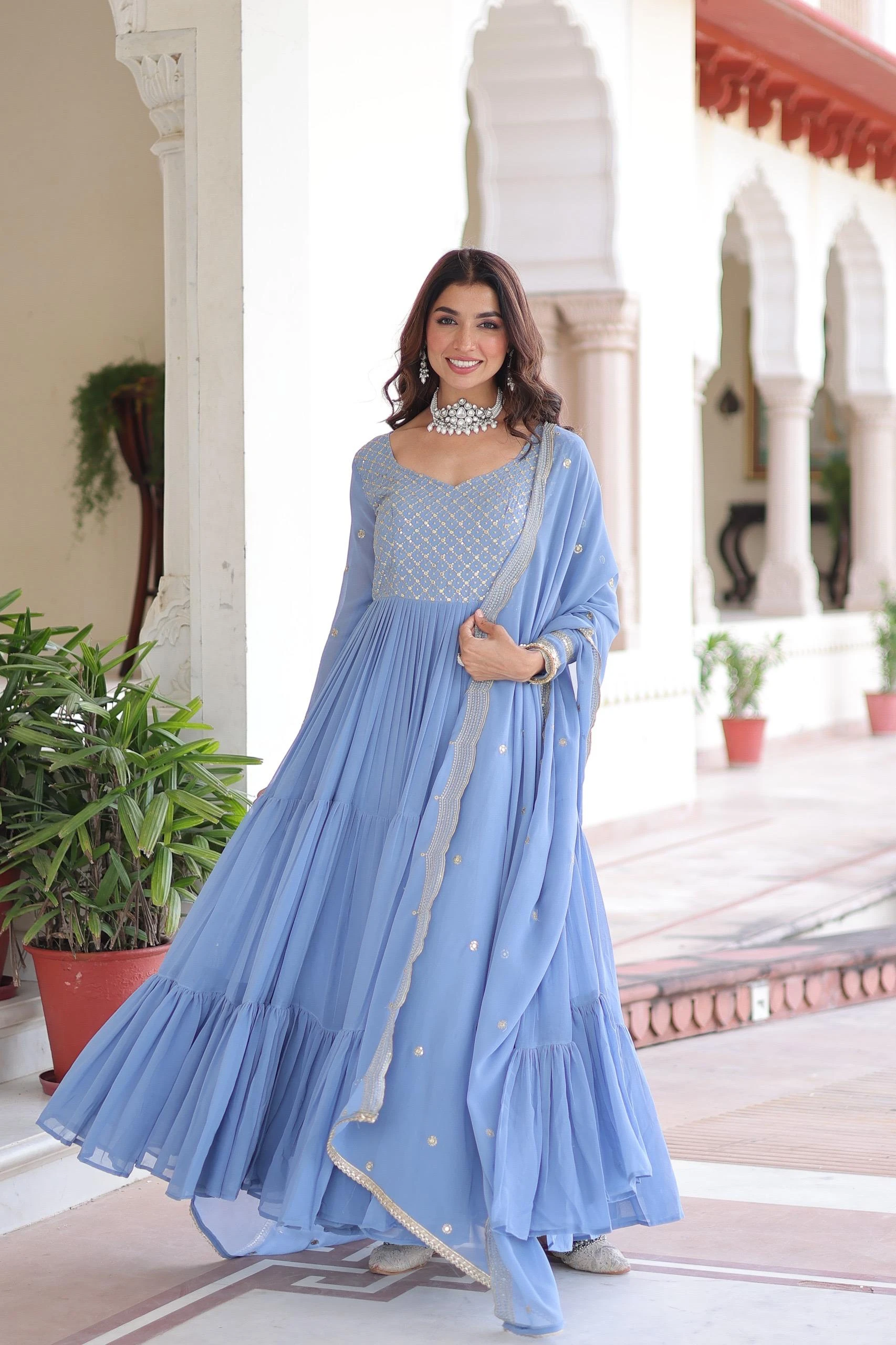 Blue Cotton Embroidered Trendy Gown Online